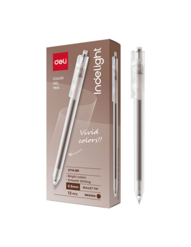 DLEG118-BR-12,Pix cu gel cu mecanism 0.5mm maro Deli - Set 12