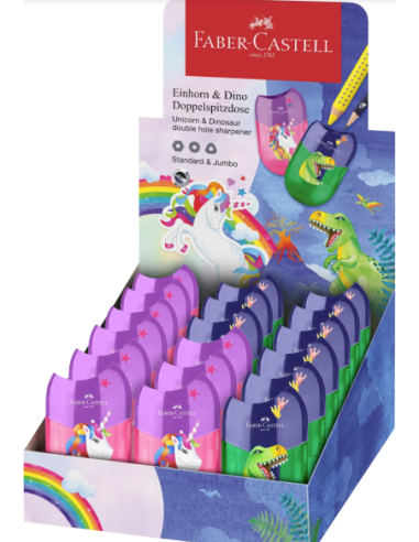 FC183551-18,Ascutitoare plastic dubla cu container unicorni si dinozauri Faber-castell - Set 18