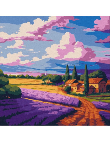 KHO6345,Pictura pe numere cu sasiu Peisaje C&acircmp de lavandă 30x30 cm KHO6345