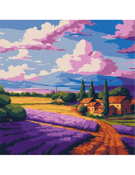 KHO6345,Pictura pe numere cu sasiu Peisaje C&acircmp de lavandă 30x30 cm KHO6345