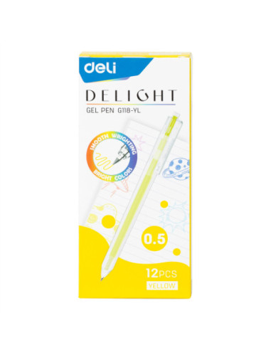 DLEG118-YL-12,Pix cu gel cu mecanism 0.5 mm galben delight Deli - Set 12