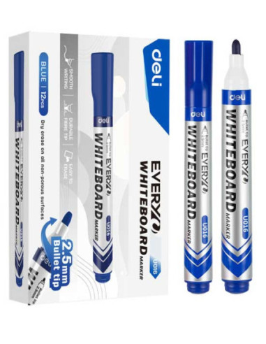 DLEU016-BL-12,Marker whiteboard albastru 2.5mm Deli - Set 12