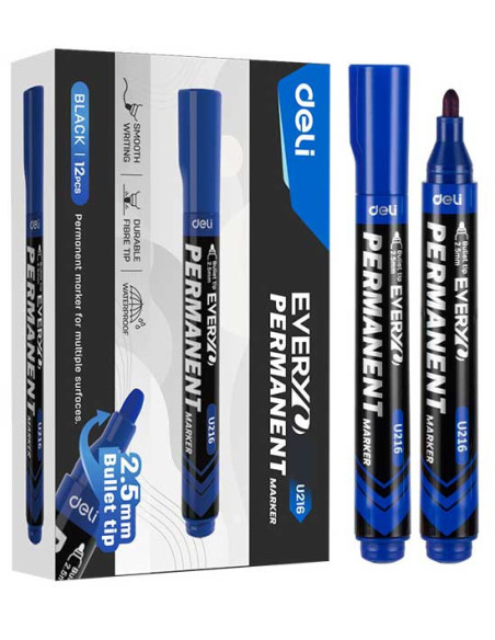 DLEU216-BL-12,Marker permanent albastru varf rotund 2.5mm Deli - Set 12