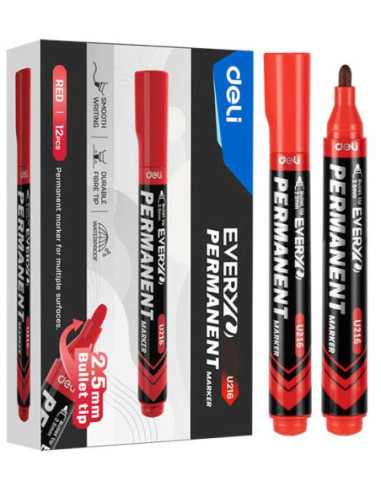 DLEU216-RD-12,Marker permanent rosu varf rotund 2.5mm Deli - Set 12