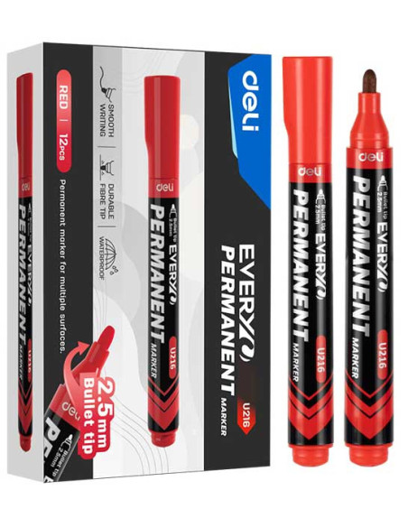 DLEU216-RD-12,Marker permanent rosu varf rotund 2.5mm Deli - Set 12