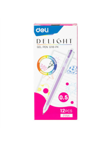 DLEG118-PK-12,Pix cu gel cu mecanism 0.5mm roz delight Deli - Set 12