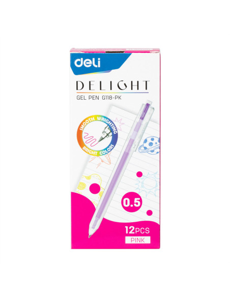 DLEG118-PK-12,Pix cu gel cu mecanism 0.5mm roz delight Deli - Set 12