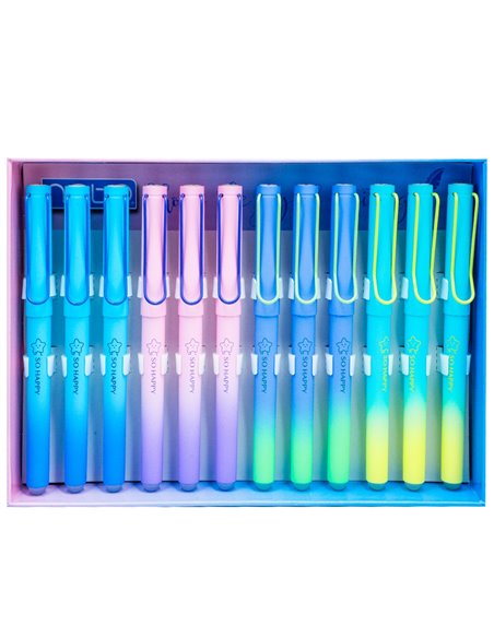 Set 12 stilouri din plastic cu cerneala termosensibila si penita ascunsa 16430, Motiv so happy