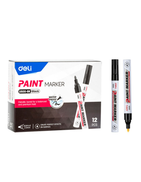 DLEU500-BK-12,Marker vopsea negru 2 mm Deli - Set 12