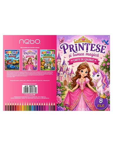 Carte de colorat A4 cu printese si lumea magica, 8 file
