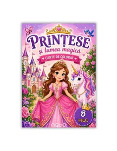 Carte de colorat A4 cu printese si lumea magica, 8 file