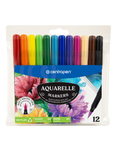 CE868312,Markere solubile cu varf pensula 12 culori Centropen