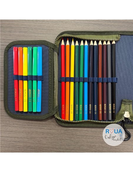 Penar echipat cu 1 fermoar si 2 clape Herlitz 400211279, 34 piese, Motiv Dino King