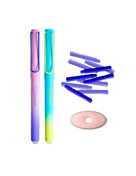 Set 2 stilouri cu cerneala termosensibila si penita ascunsa + Rezerve si radiera, Happy F