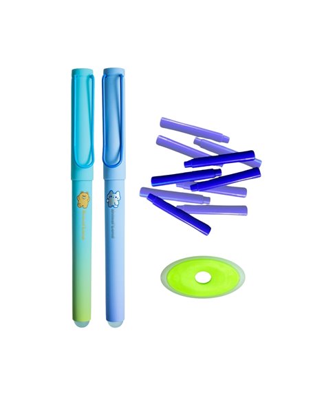 Set 2 stilouri cu cerneala termosensibila si penita ascunsa + Rezerve si radiera, Animal land F