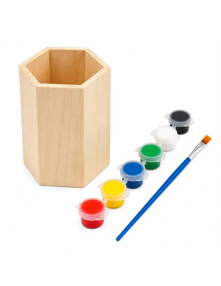 Set creativ pentru pictat CNX S2735, suport hexagonal  pentru creioane din lemn, 6 culori si pensula