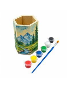 Set creativ pentru pictat CNX S2735, suport hexagonal  pentru creioane din lemn, 6 culori si pensula 2