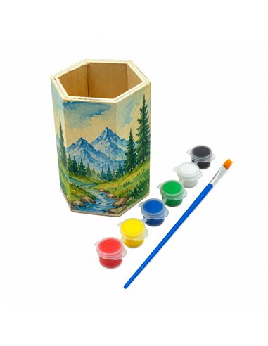 Set creativ pentru pictat CNX S2735, suport hexagonal  pentru creioane din lemn, 6 culori si pensula