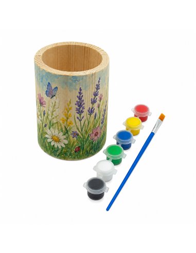 Set creativ pentru pictat CNX S2736, suport rotund pentru creioane din lemn, 6 culori si pensula
