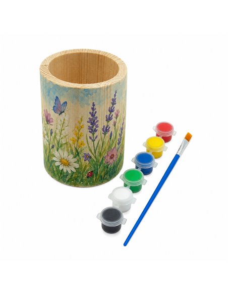 Set creativ pentru pictat CNX S2736, suport rotund pentru creioane din lemn, 6 culori si pensula