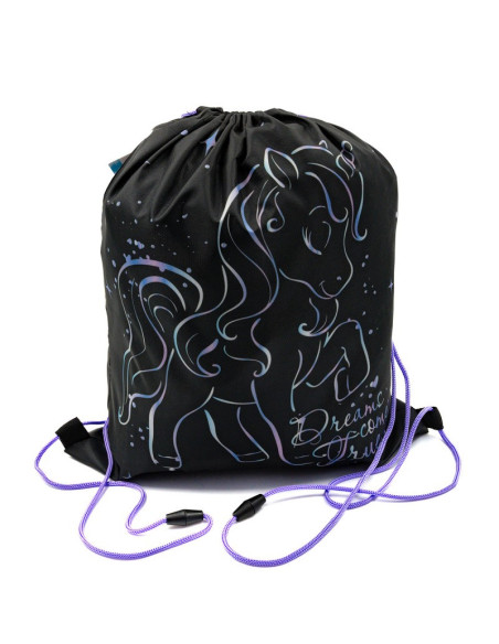 S2551,Sac incaltaminte pentru copii Starpak Unicorn Holo 527157, negru cu mov, 38.5x33cm