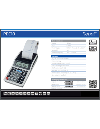 RE-PDC10,Calculator cu banda, 12 digits, 219 x 154 x 58 mm, Rebell PDC 10 - alb/negru