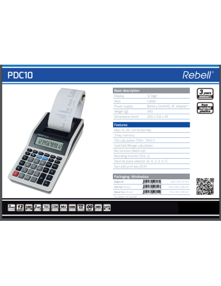 RE-PDC10,Calculator cu banda, 12 digits, 219 x 154 x 58 mm, Rebell PDC 10 - alb/negru