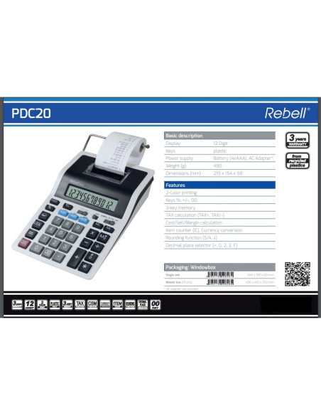 RE-PDC20,Calculator cu banda, 12 digits, 219 x 154 x 58 mm, Rebell PDC 20 - alb/negru