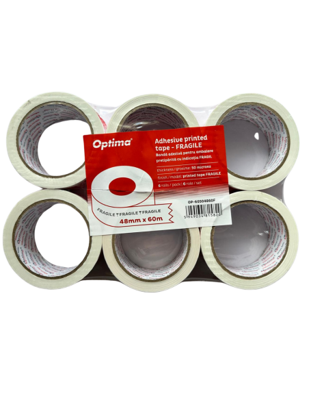 OP-60504860F,Banda adeziva pentru ambalare, 48mm x 60 m, 50 microni, Optima Fragile - alba cu imprimare rosie