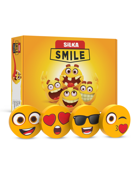 Cutie cu radiere pt creion, nu lasa reziduuri, 36buc/cutie, SILKA Smile-forma rotunda, design asorta