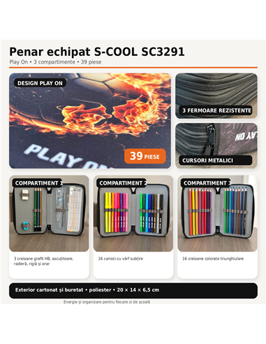 Penar echipat cu 3 fermoare S-COOL SC3291, 39 piese, Play on - Football