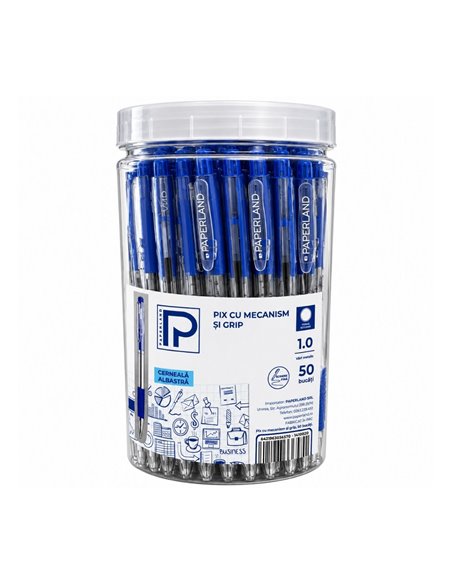 Set 50 pixuri cu mecanism si grip Paperland, 1.0 mm, cerneala albastra