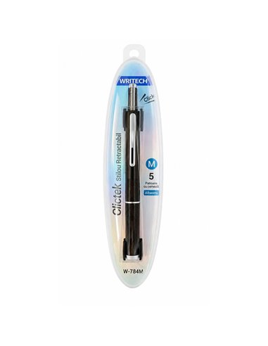 Stilou retractabil Writech in cutie cadou, penita M+ 5 patroane cerneala albastra, Corp negru