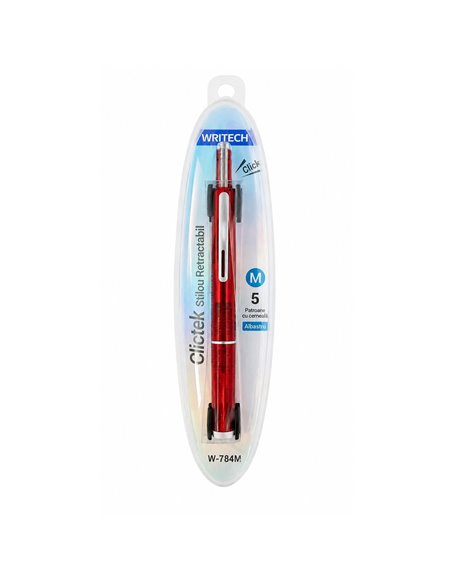 Stilou retractabil Writech in cutie cadou, penita M+ 5 patroane cerneala albastra, Corp rosu