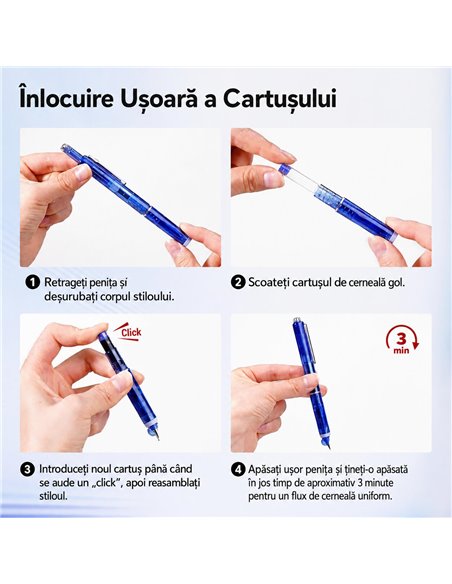 Stilou retractabil Writech in cutie cadou, penita M+ 5 patroane cerneala albastra, Corp rosu