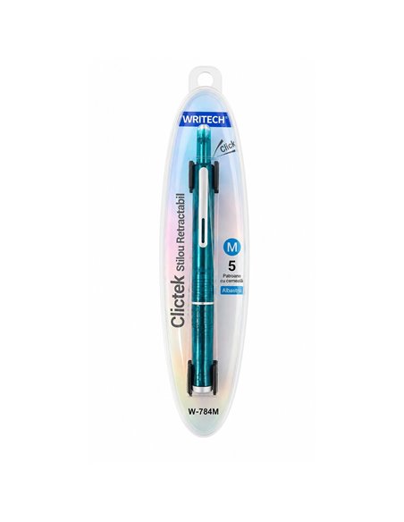 Stilou retractabil Writech in cutie cadou, penita M+ 5 patroane cerneala albastra, Corp verde