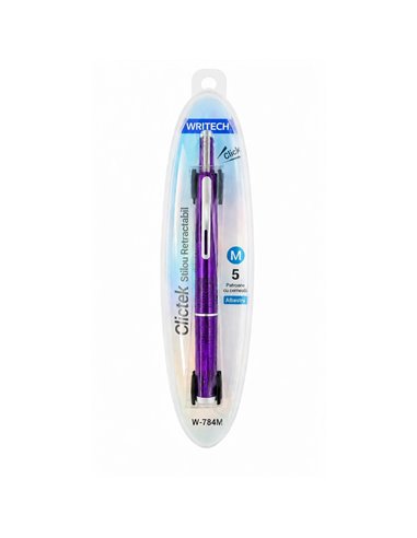 Stilou retractabil Writech in cutie cadou, penita M+ 5 patroane cerneala albastra, Corp violet