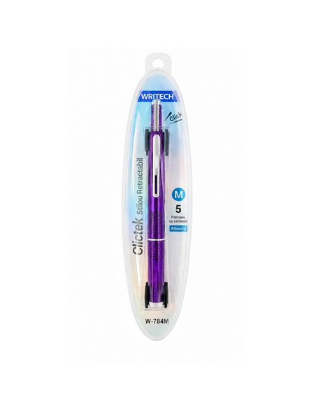 Stilou retractabil Writech in cutie cadou, penita M+ 5 patroane cerneala albastra, Corp violet