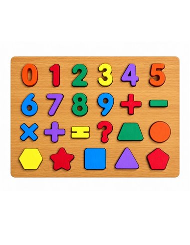 Puzzle din lemn cu cifre, forme geometrice si simboluri matematice