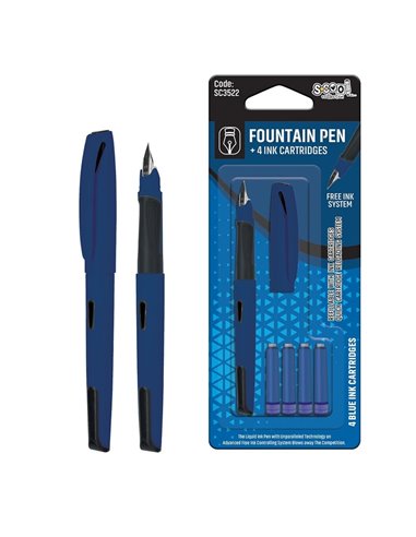 Stilou + 4 rezerve cerneala albastra S-COOL SC3522, penita F, blister, Albastru