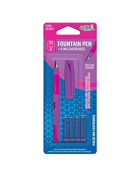 Stilou + 4 rezerve cerneala albastra S-COOL SC3521, penita F, blister, Violet
