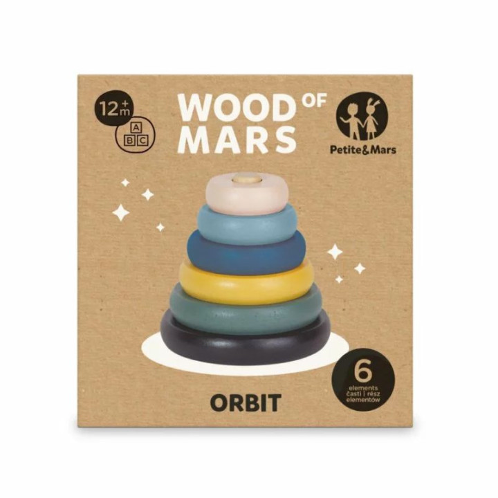 BN-615728,Jucarie de stivuire, Petite&Mars, Turn Orbit Wood of Mars, 10 cm, 36 luni+, Albastru/Multicolor