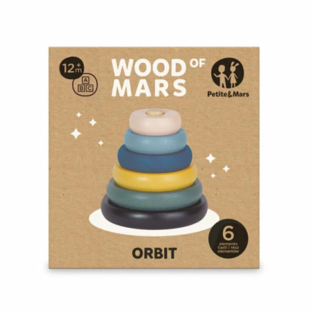 BN-615728,Jucarie de stivuire, Petite&Mars, Turn Orbit Wood of Mars, 10 cm, 36 luni+, Albastru/Multicolor