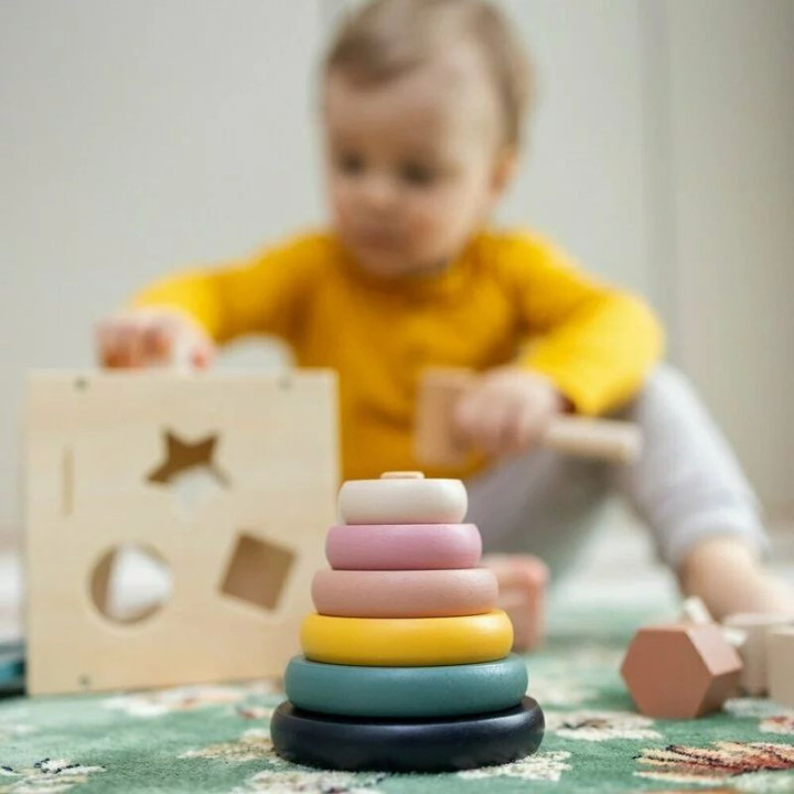 BN-615728,Jucarie de stivuire, Petite&Mars, Turn Orbit Wood of Mars, 10 cm, 36 luni+, Albastru/Multicolor