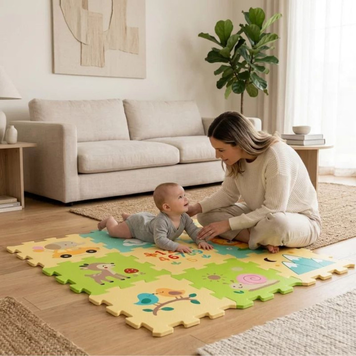 BN-960131,Covoras puzzle Nexli, Petite&Mars, Pentru copii, Din spuma, 90x90 cm, 9 bucati, 36 luni+, Forest Friends