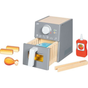 GOKI51430,Airfryer sau friteuza din lemn cu accesorii, 16 piese, joc de rol de la 3 ani