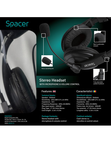 CASTI Spacer, cu fir, standard, utilizare multimedia, microfon