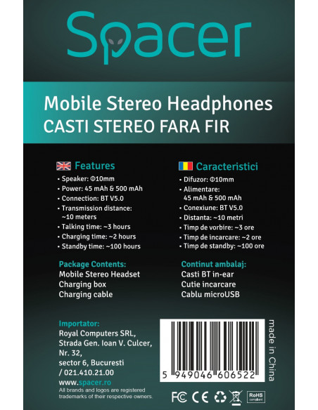 CASTI Spacer, wireless, intraauriculare - butoni, pt