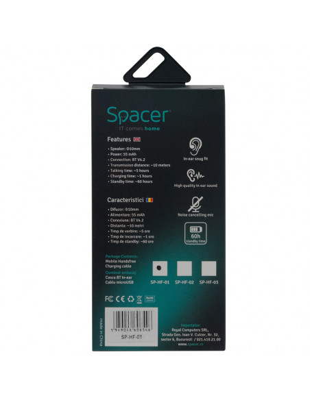 CASTI Spacer, wireless, monocasca, utilizare smartphone