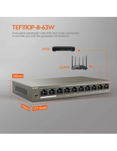 Switch Tenda TEF1110P-8-63W, 8 Port, 10/100 Mbps,TEF1110P-8-63W
